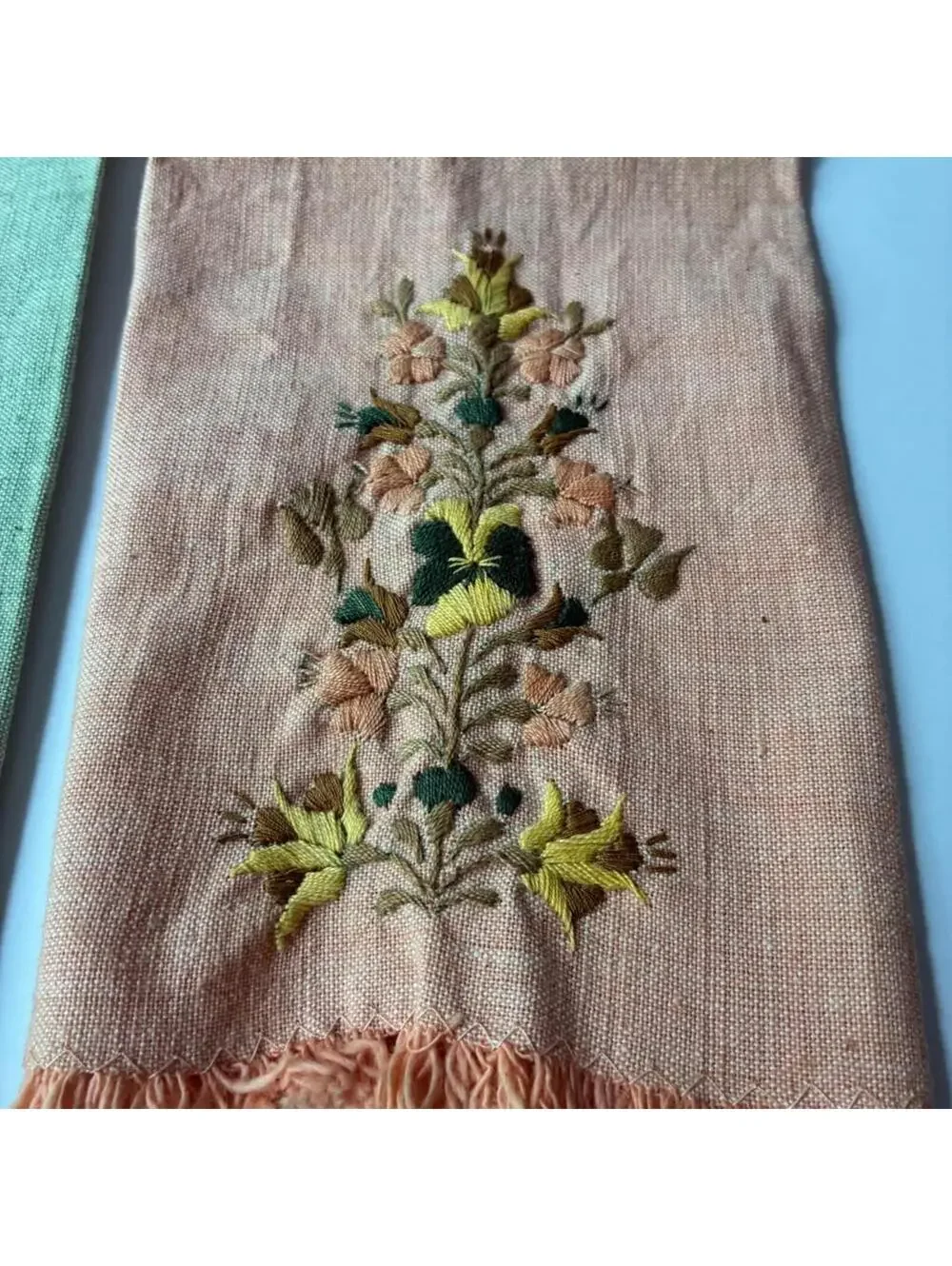 Vintage Hand Embroidered Linen Tip Towels Set of 2 Floral Fringe Guest Towels